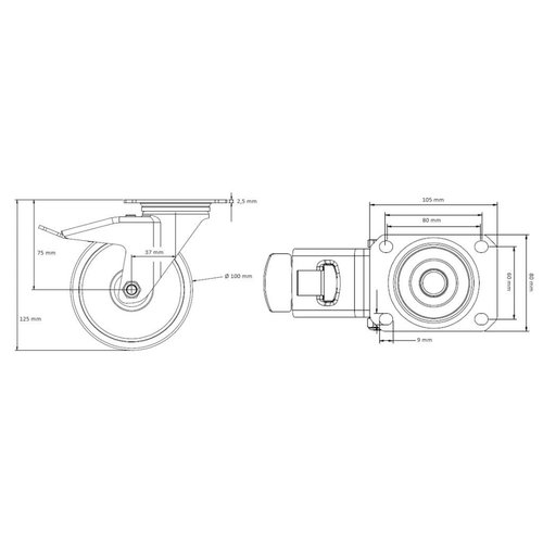 Roulette pivotante à frein PP/TPR Ø 100 mm, roulement à billes - 135 kg