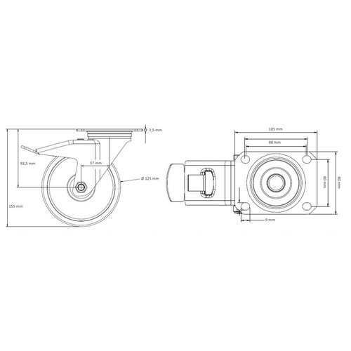Roulette pivotante à frein PP/TPR Ø 125 mm, roulement à billes - 160 kg