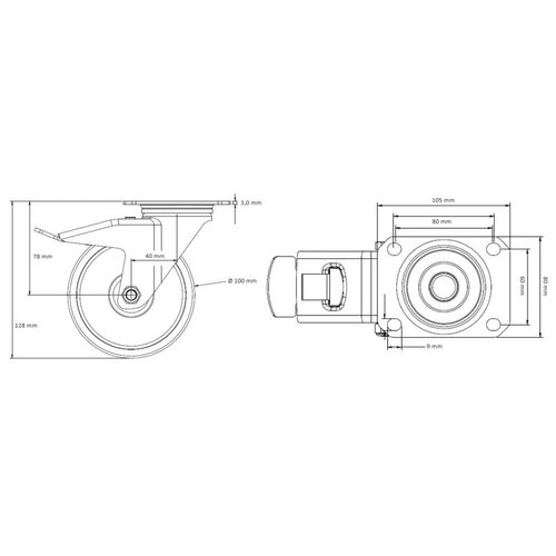 Roulette pivotante à frein PA/Caoutchouc Ø 100 mm - 160 kg