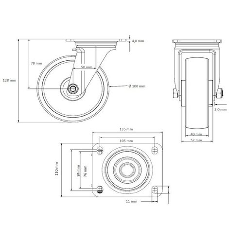 Roulette pivotante charges lourdes ALU / PU Ø 100 mm, double roulement à billes - 250 kg