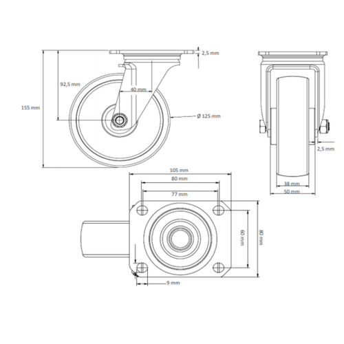 Roulette pivotante PP Ø 125 mm, roulement à billes - 150 kg
