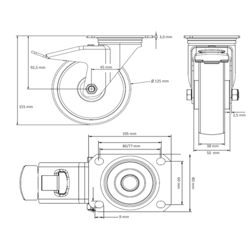 Roulette pivotante à frein PA/Caoutchouc Ø 125 mm, roulement à billes - 200 kg