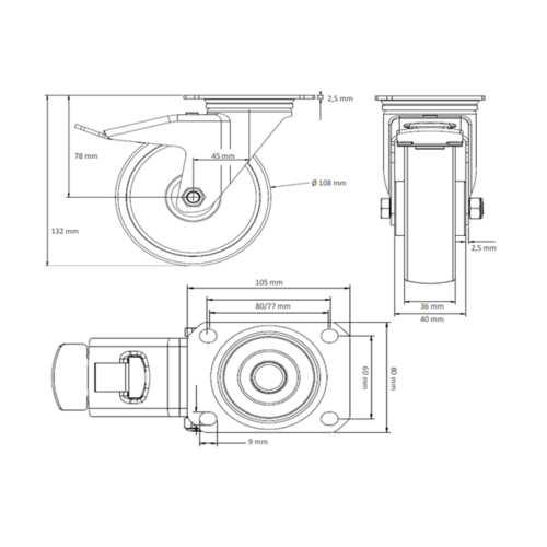 Roulette pivotante à frein PP Ø 108 mm, roulement à rouleaux - 150 kg