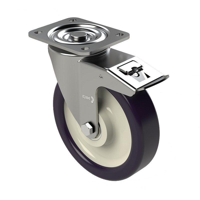 Roulette pivotante avec double frein - en caoutchouc plein - à roulement à  rouleaux - Ø de la roue 200 mm - hauteur totale 235 mm - capacité de charge  205 kg