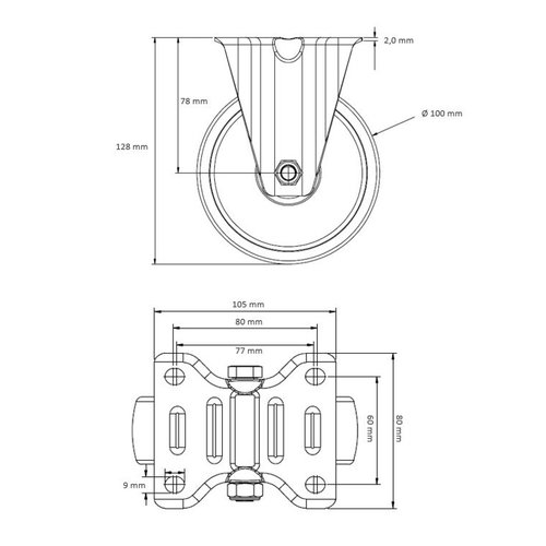 Roulette fixe polyamide Ø 100 mm, avec roulement à rouleaux, 150 kg