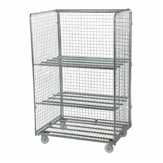 Maxi roll conteneur grillagé 3 côtés 1200x800x1860mm, 2 étagères