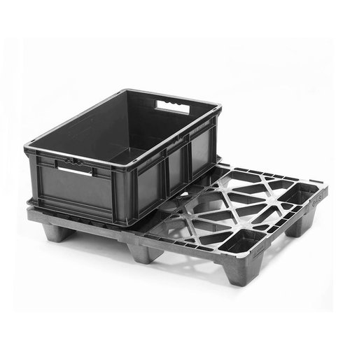 Kunststoffpalette, 6 Füße, nestbar, offenes Deck ohne Rand, 800x600x130mm