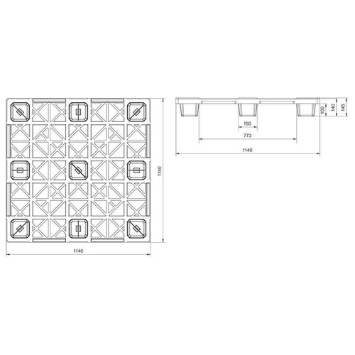 Kunststoffpalette, 9 Füße, nestbar, offenes Deck ohne Rand, 1140x1140x140mm