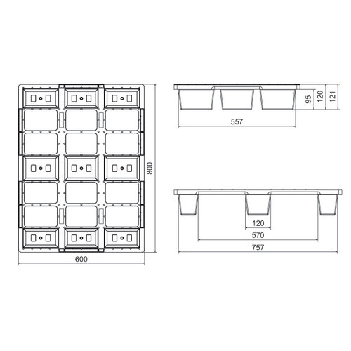 Kunststoffpalette, 9 Füße, offenes Deck ohne Rand, nestbar, 800x600x120mm