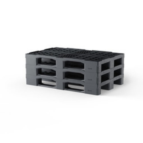 Kunststoffpalette, mittelschwer, 3 Kufen, Hochregallager, offenes Deck mit Rand, 1200x800x150mm