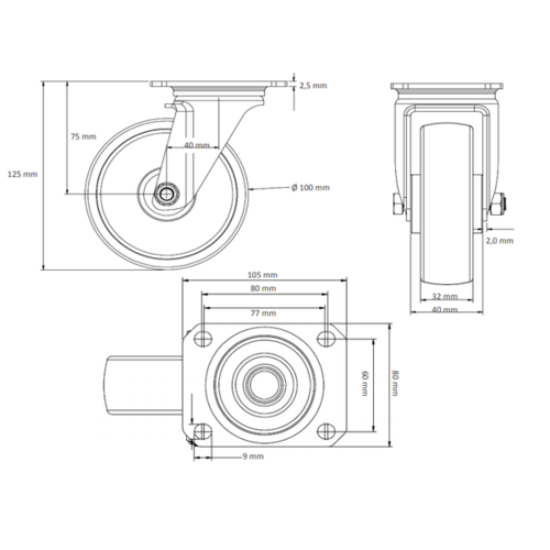 Lenkrolle, 100mm Durchmesser, PP-Kunststoff/Gummi, Rollenlager