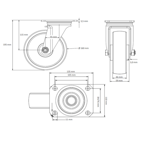 Lenkrolle, 160mm Durchmesser, PA-Kunststoff/Gummi, doppeltes Kugellager, Bremse