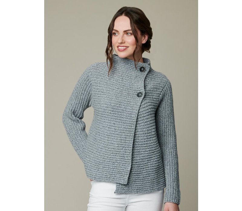 FISHERMAN OUT OF IRELAND HORIZONTAL RIBBED 2 BUTTON CARDIGAN GREY SKY