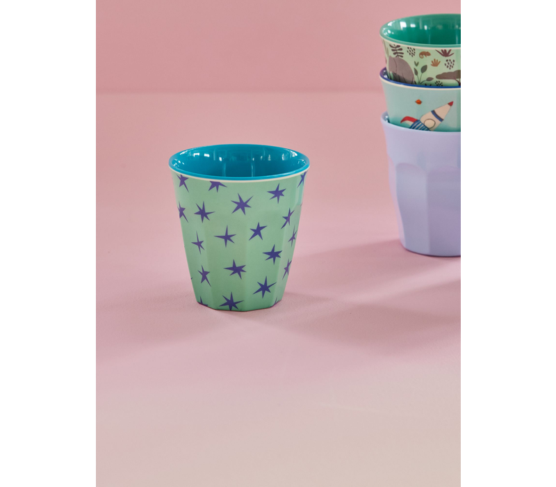 Melamine Cup with Green and Turquoise Star Print - Medium - 250 ml