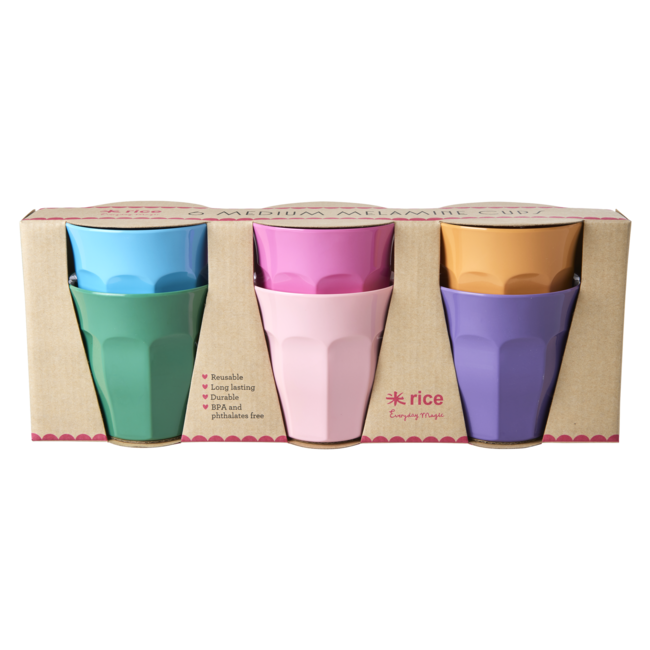 Rice Melamine Cups in 6 Asst. Colors - Medium - 6 Pack - 250 ml