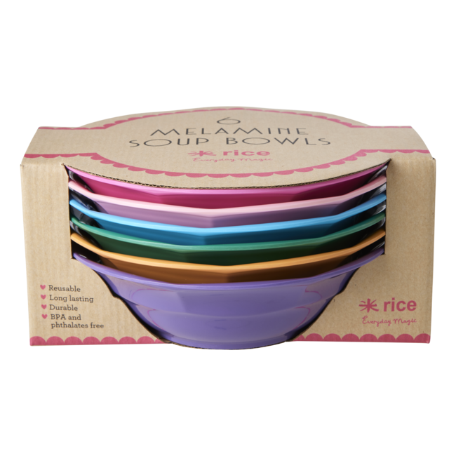 Rice Melamine Medium Bowl in 6 Asst. Colors - 6 Pack - 700 ml