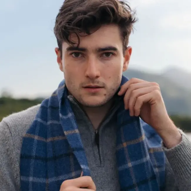 John Hanly Irish Wool Scarf Short Grey Beige Blue Black Overcheck 