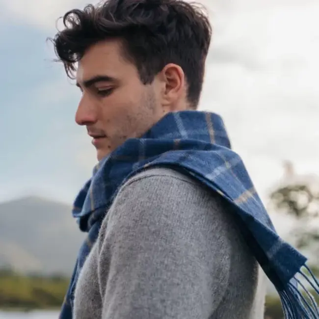 John Hanly Irish Wool Scarf Short Grey Beige Blue Black Overcheck 