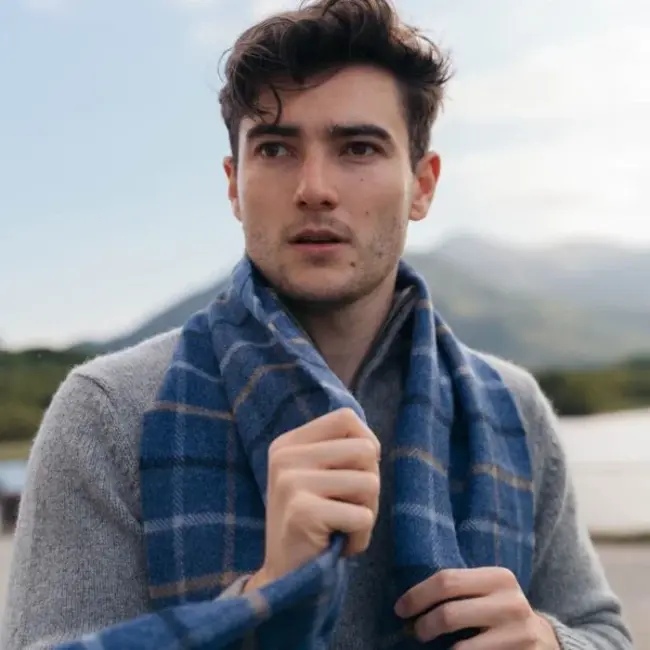 John Hanly Irish Wool Scarf Short Grey Beige Blue Black Overcheck 