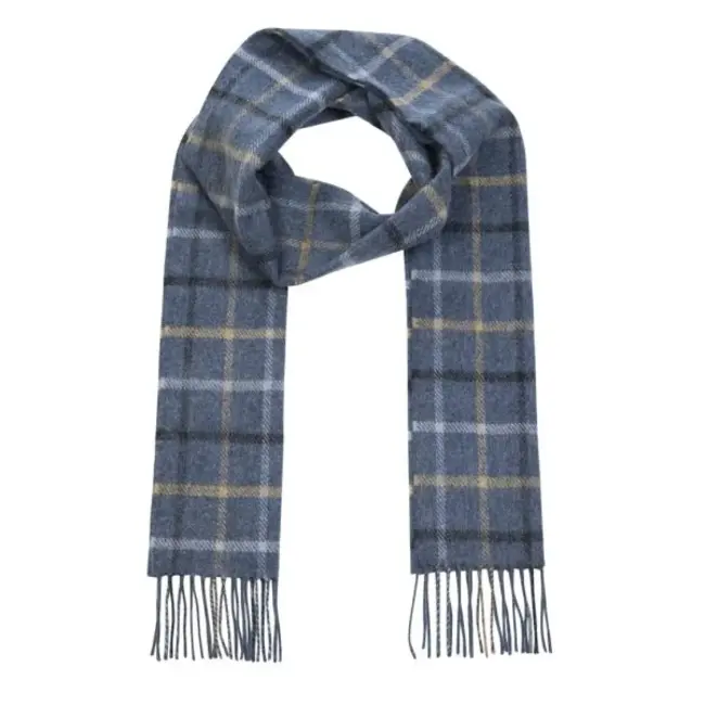 John Hanly Irish Wool Scarf Short Grey Beige Blue Black Overcheck 