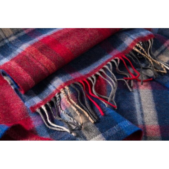 John Hanly Merino Luxury Wool Scarf Wine Blue Sky Silver Check 