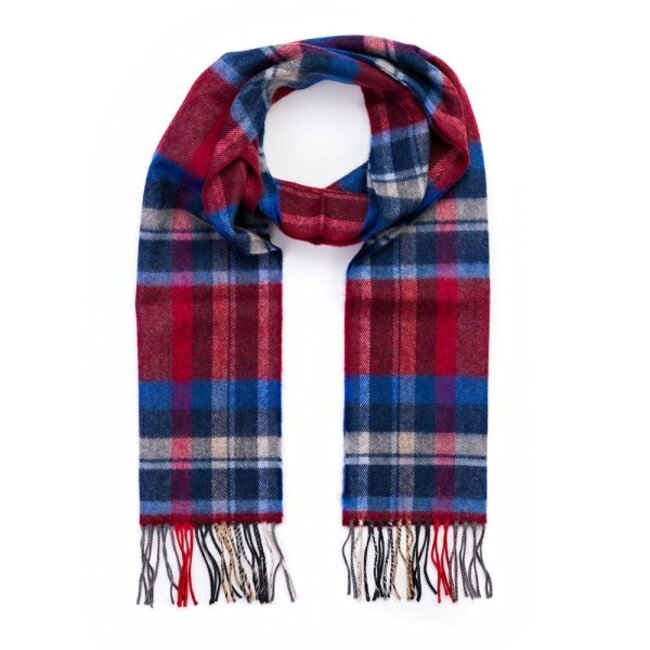 John Hanly Merino Luxury Wool Scarf Wine Blue Sky Silver Check 