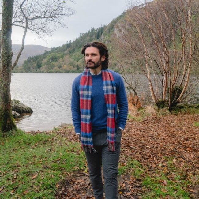 John Hanly Merino Luxury Wool Scarf Wine Blue Sky Silver Check 