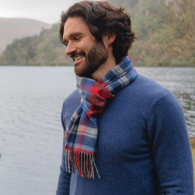 John Hanly Merino Luxury Wool Scarf Wine Blue Sky Silver Check 