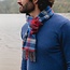 John Hanly Merino Luxury Wool Scarf Wine Blue Sky Silver Check 