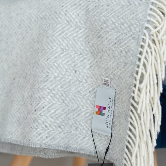 John Hanly Merino Wool Cashmere Throw Pale Grey & Cream Herringbone 