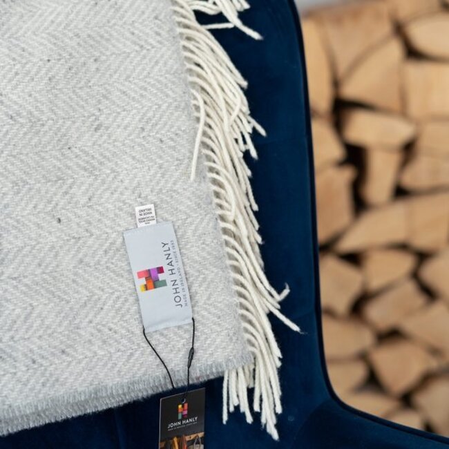 John Hanly Merino Wool Cashmere Throw Pale Grey & Cream Herringbone 