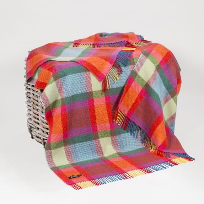 John Hanly Merino Wool Cashmere Throw Bright Yellow, Pink and Green Check 