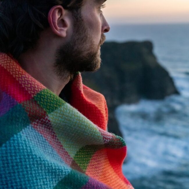 John Hanly Merino Wool Cashmere Throw Bright Yellow, Pink and Green Check 