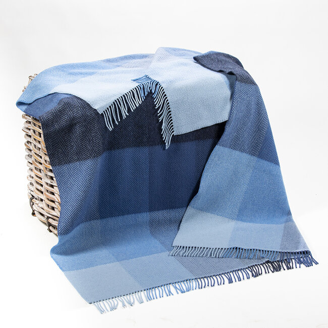 John Hanly Merino Wool Cashmere Throw Blue Mix Herringbone Block