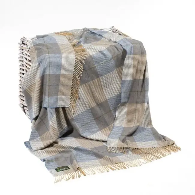 John Hanly Lambswool Throw Cream Taupe and Denim Check 