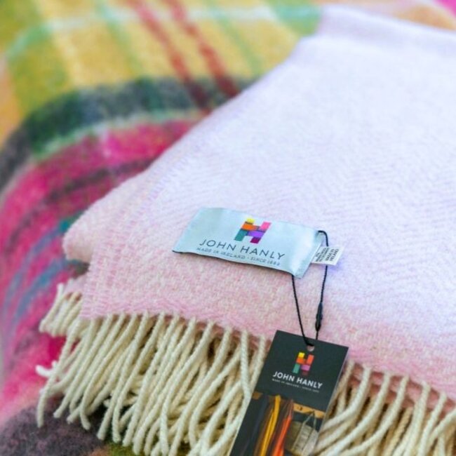 John Hanly Merino Wool Cashmere Throw Baby Pink Herringbone 