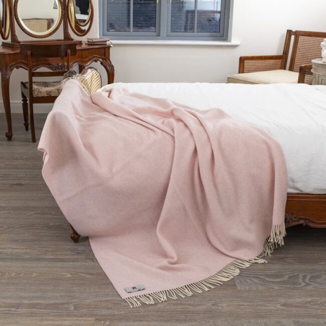 John Hanly Merino Wool Cashmere Throw Baby Pink Herringbone 