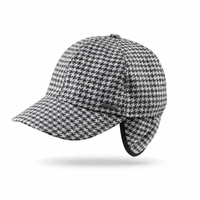 John Hanly Baseball Cap with Ear Flap Grey & Charcoal Houndstooth - Medium 