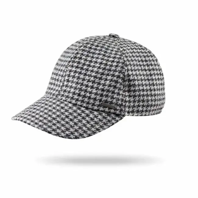 John Hanly Baseball Cap with Ear Flap Grey & Charcoal Houndstooth - Medium 