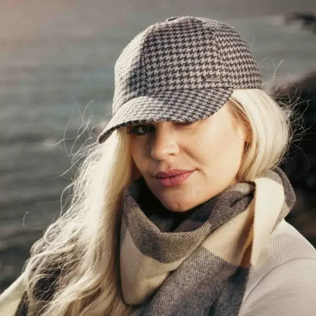 John Hanly Baseball Cap with Ear Flap Grey & Charcoal Houndstooth - Medium 