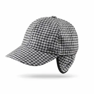 John Hanly Baseball Cap with Ear Flap Grey & Charcoal Houndstooth - Large 