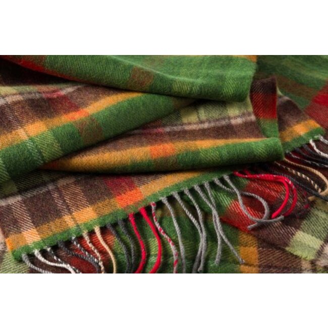John Hanly Merino Luxury Wool Scarf Green Rust Orange Brown Check 