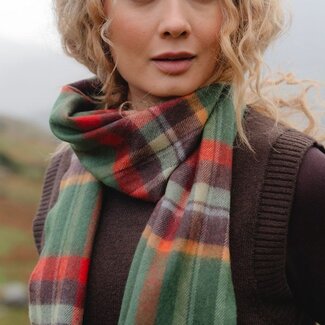 John Hanly Merino Luxury Wool Scarf Green Rust Orange Brown Check 
