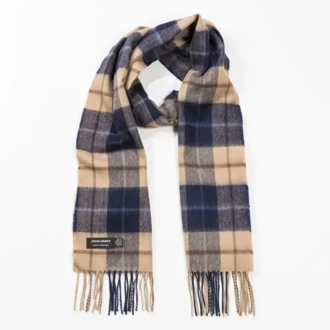 John Hanly Merino Luxury Wool Scarf Navy Beige Brown Check