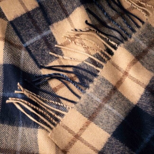 John Hanly Merino Luxury Wool Scarf Navy Beige Brown Check