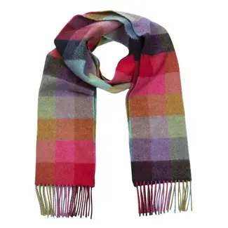 John Hanly Irish Wool Scarf Short Navy Blue Jade Bronze Block 