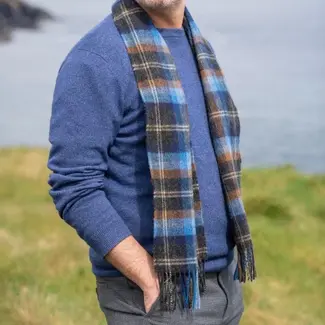 John Hanly Irish Wool Scarf Short Blue and Orange Mix Check 