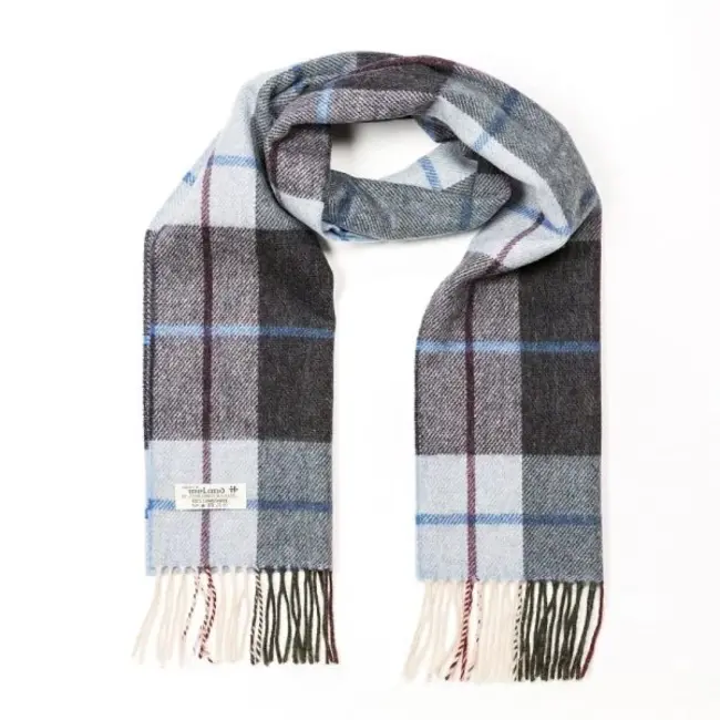 John Hanly Irish Wool Scarf Short Light Blue Charcoal Check