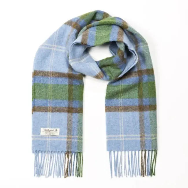 John Hanly Irish Wool Scarf Short Light Blue Green Check 