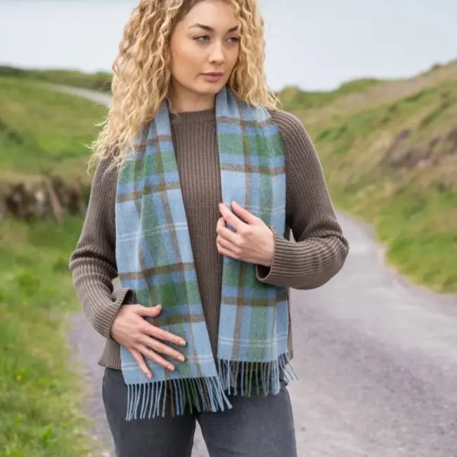 John Hanly Irish Wool Scarf Short Light Blue Green Check 